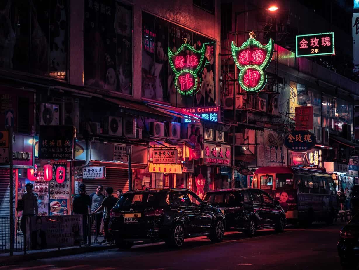 hong kong, neon, road