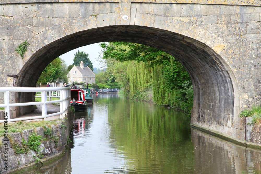 Beautiful canal in United Kingdom, featuring trees, water and boats