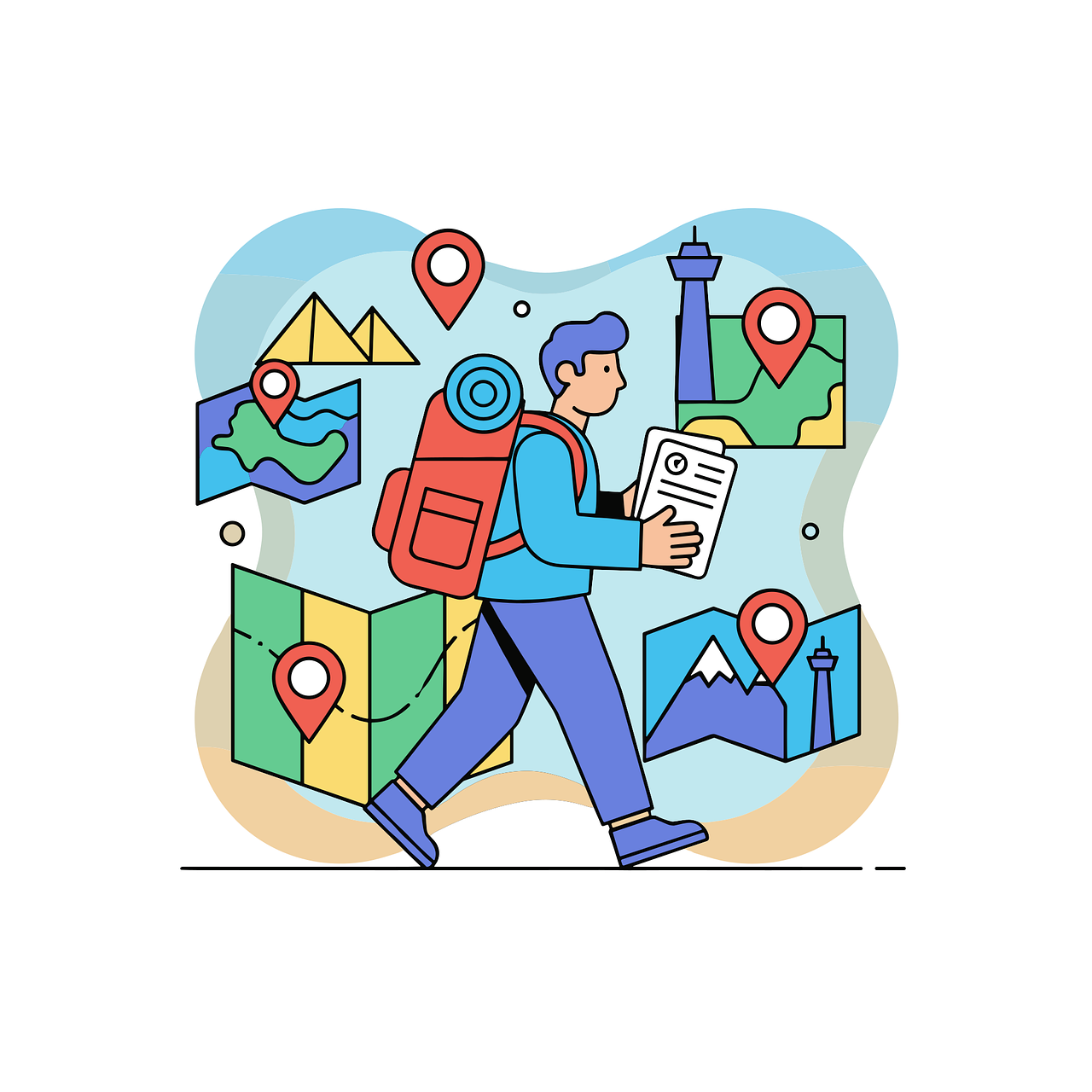 travel navigation illustration, tourist with map, location pins, travel planning, sightseeing concept, flat illustration style, city travel, tourism illustration, travel adventure, modern traveler, wanderlust, destination planning, vacation travel, backpacker illustration, travel lifestyle, route planning, global travel, exploration concept, travel icons, city landmarks, holiday illustration, travel inspiration, travel guide, ai generated